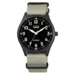 خرید و قیمت ساعت مردانه کیو اند کیو Q76B-006PY | بند برزنتی سبز ارتشی | ساعت جَم