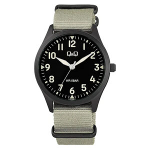 خرید و قیمت ساعت مردانه کیو اند کیو Q76B-006PY | بند برزنتی سبز ارتشی | ساعت جَم