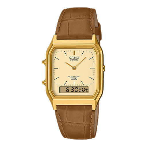 AQ-230EGL-9A ساعت وینتیج Casio AQ‑230EGL‑9A | آنالوگ دیجیتال بند چرمی